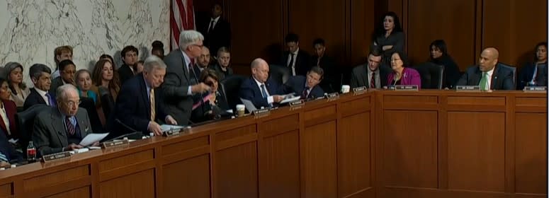 Senate Democrats walk out of the hearing in protest while Republicans keep illegal voice