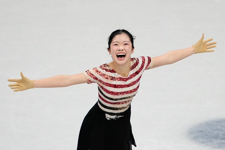 Japan’s Ami Nakai and Kaori Sakamoto on the podium of the American ‘Blade Angels’ at the Winter Olympics